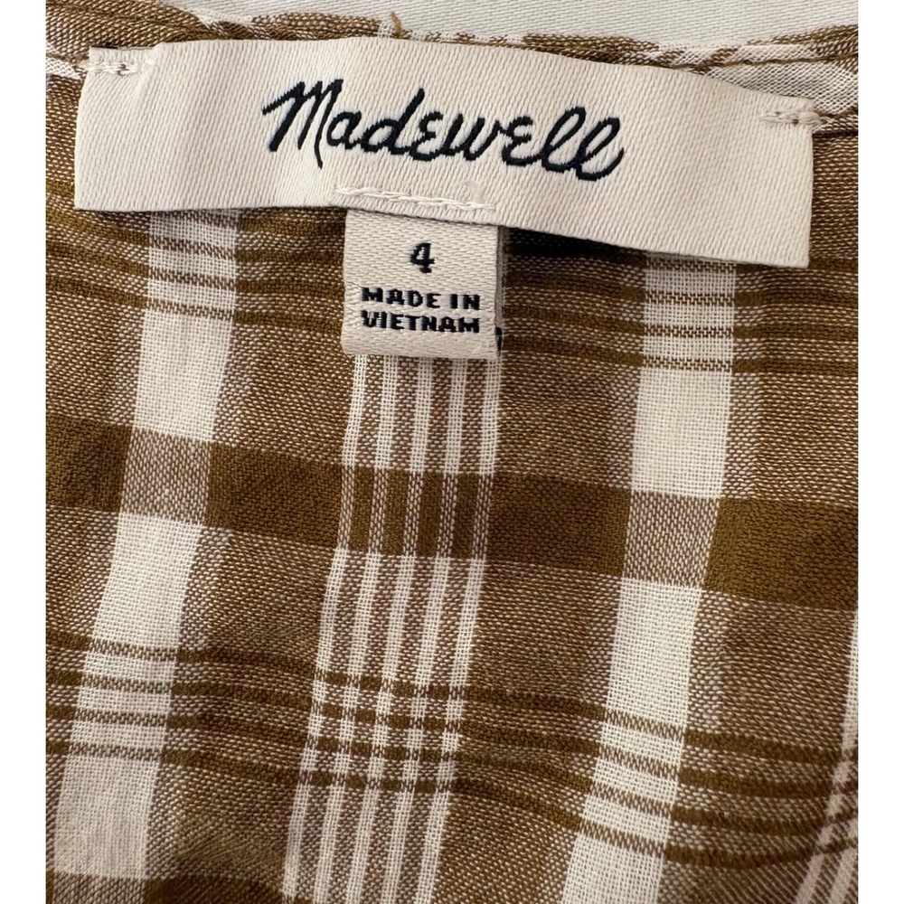 Madewell Plaid Puff Sleeve V Neck Button Front‎ Blouse Top Size 4 Brown White